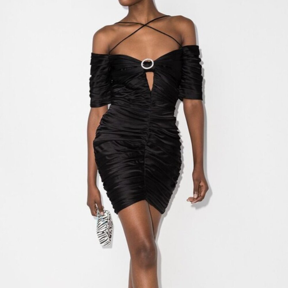 RASARIO Cold-shoulder cutout ruched satin mini dress